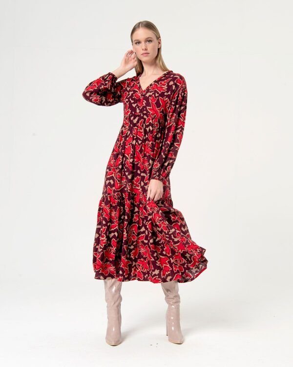 Vestido largo escote pico Marrón/Rojo SURKANA