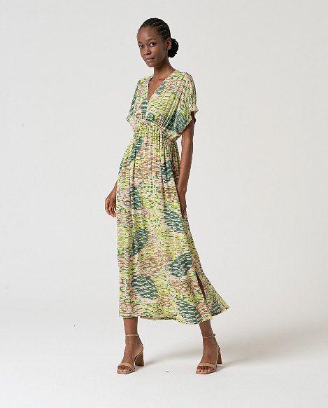 Vestido midi con manga amplia y escote en V Verde SURKANA