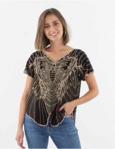 Blusa viscosa bordada Mariposa Negro