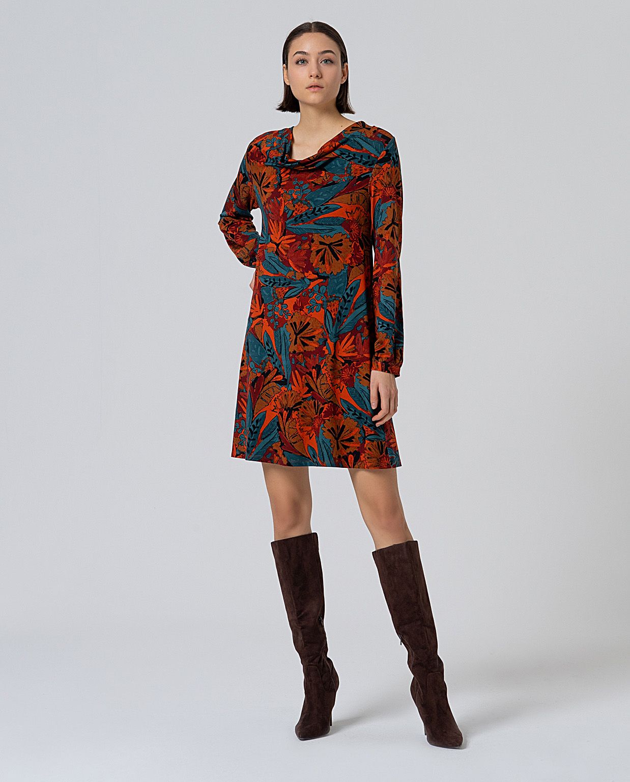 Vestido corto con vuelo y escote drapeado Teja SURKANA
