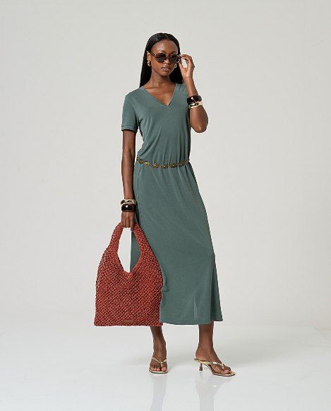 Vestido largo, escote pico Verde Botella   SURKANA
