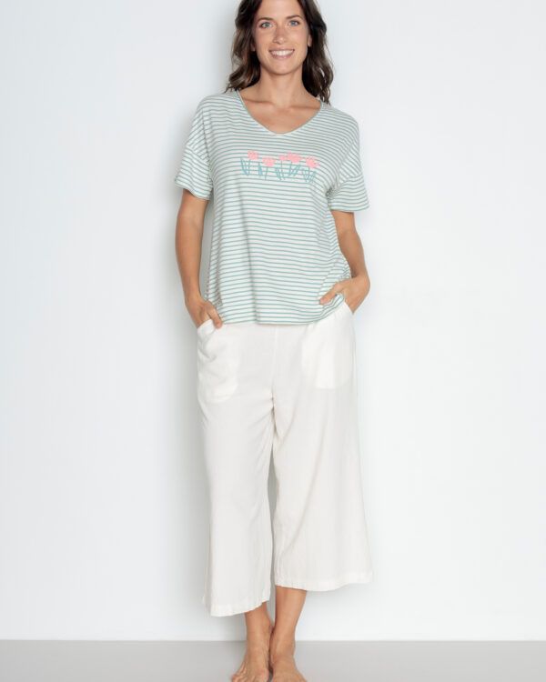 Camiseta mujer FR Rayas Flores Esmeralda POU NOU
