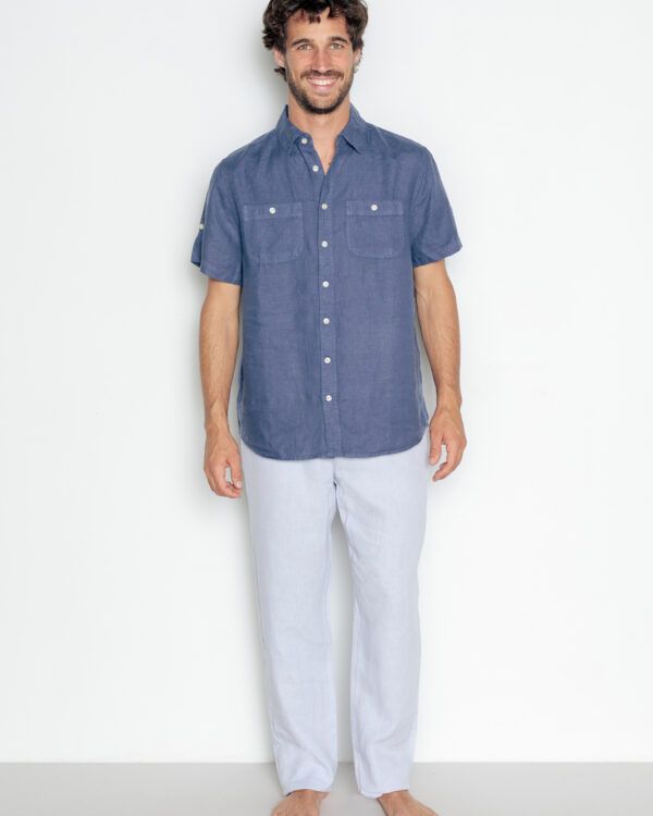 Camisa 100% Lino manga corta Azul POU NOU