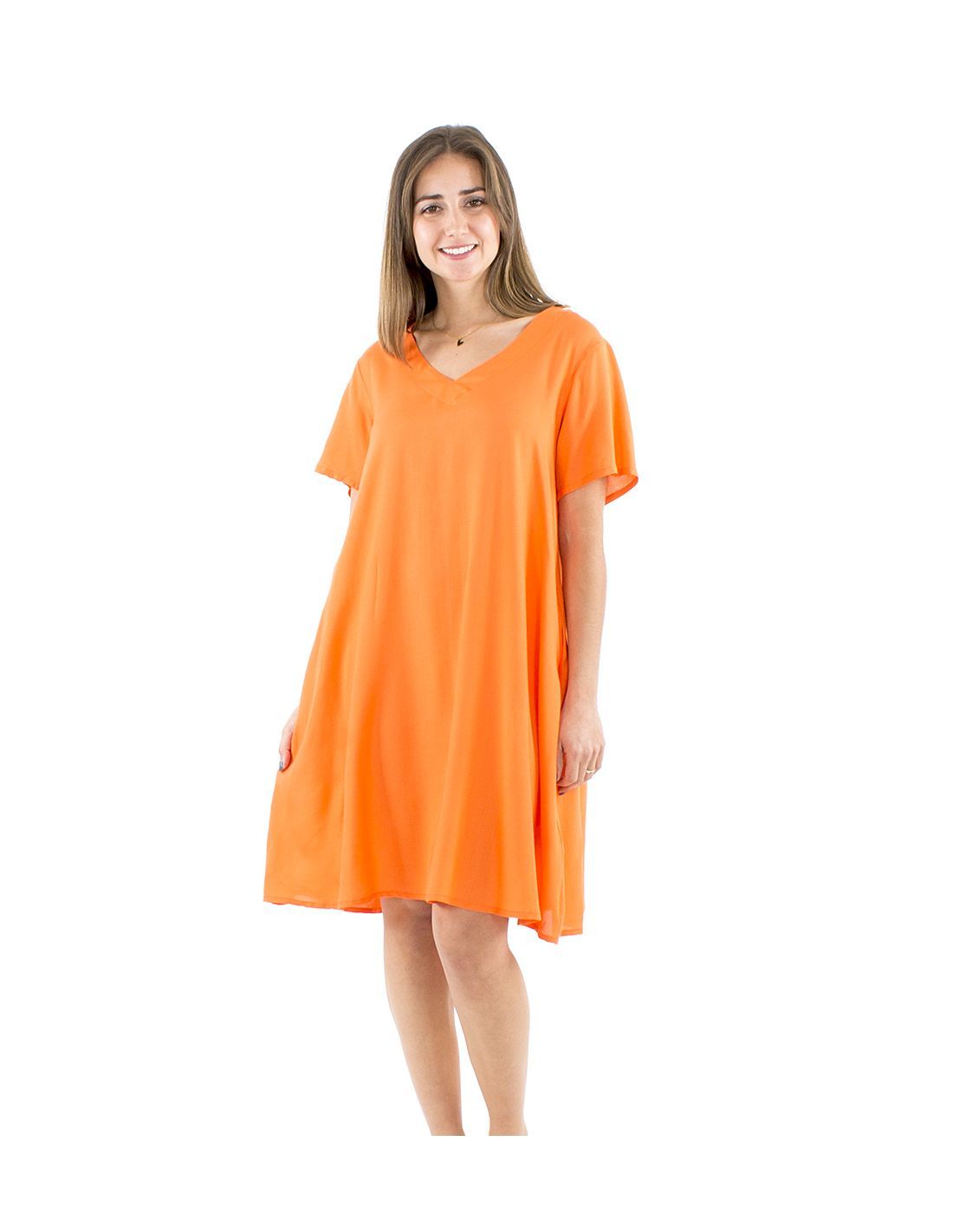 Vestido viscosa liso cuello v mangas cortas Coral